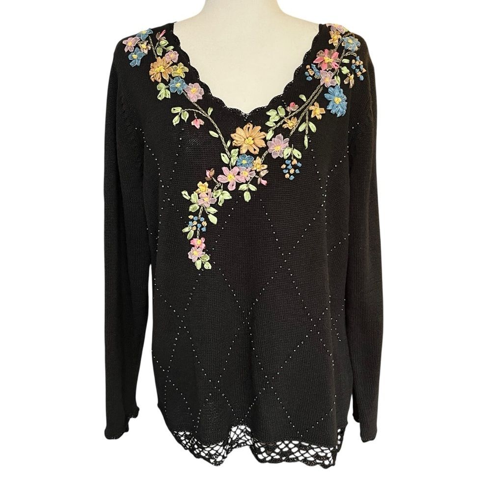 Vintage Seventh Avenue Cottagecore Sweater Coquette Floral Ribbon Beaded Large